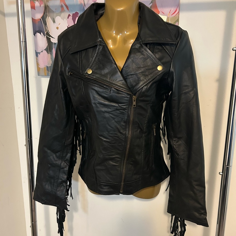 Black Fringe Leather Moto Jacket - Women